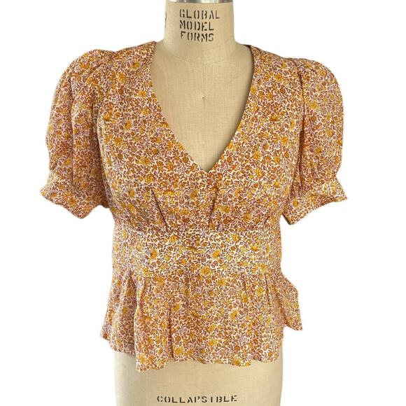 J Crew Puff-Sleeve V-Neck Top in Yellow Scattered Blooms Floral Print Size 10 - Picture 2 of 7